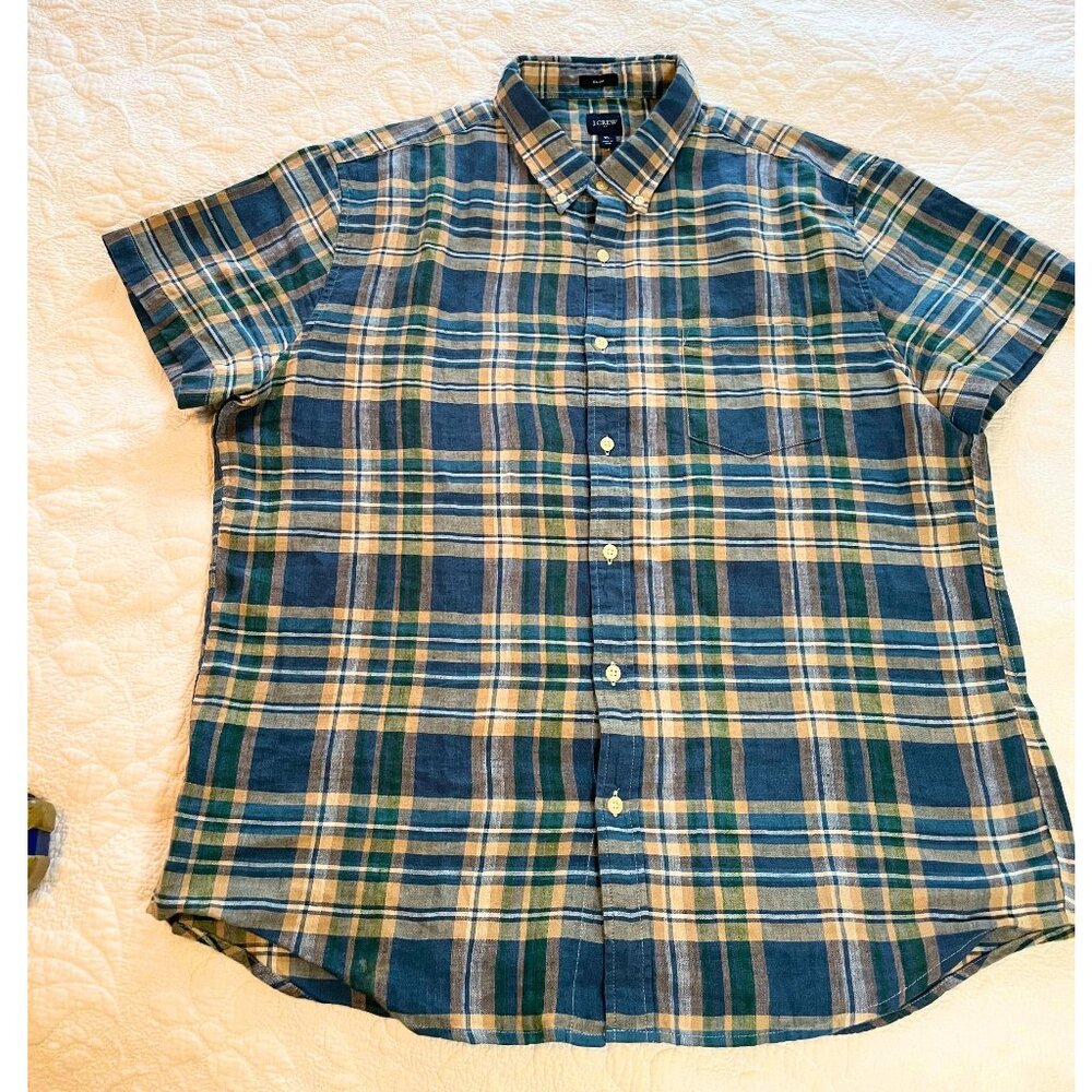 J.Crew Linen Plaid Shirt Men's XL Slim Fit Button-Down Casual short sleeve